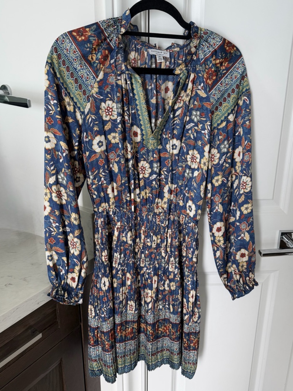 Blue Floral Long-Sleeve Smocked Waist Dress